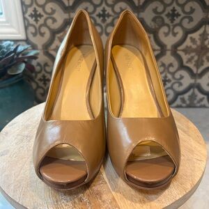 Nine West Genuine Leather Women's Tan Peep Toe Heels-Size 10